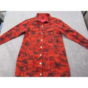 Kroix Jacket Mens Medium Red Camo Long Denim Button Front Coat 100% Cotton